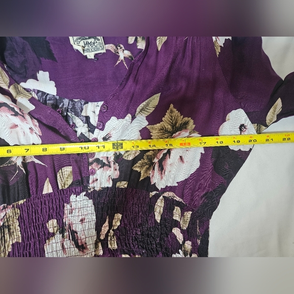 Jaase Floral Wide Leg Jumpsuit Size L Plum Purple Boho Smocked Waist Rayon - Picture 9 of 11